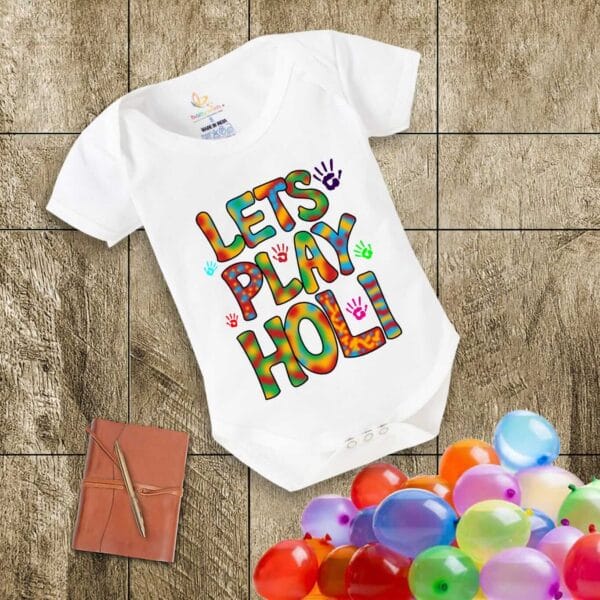 Baby First Holi Romper Clothes Baby holi festival Bodysuits Newborn Outfit Envelop Neck Half Sleeve Unisex Onesies "Lets Play Holi" - Image 2