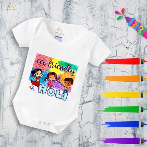 Baby First Holi Romper Clothes Baby holi festival Bodysuits Newborn Outfit Envelop Neck Half Sleeve Unisex Onesies "Play Ecofriendly Holi" - Image 2