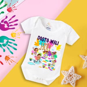 Baby First Holi Romper Clothes Baby holi festival Bodysuits Newborn Outfit Envelop Neck Half Sleeve Unisex Onesies "Dosto Wali Group Holi"