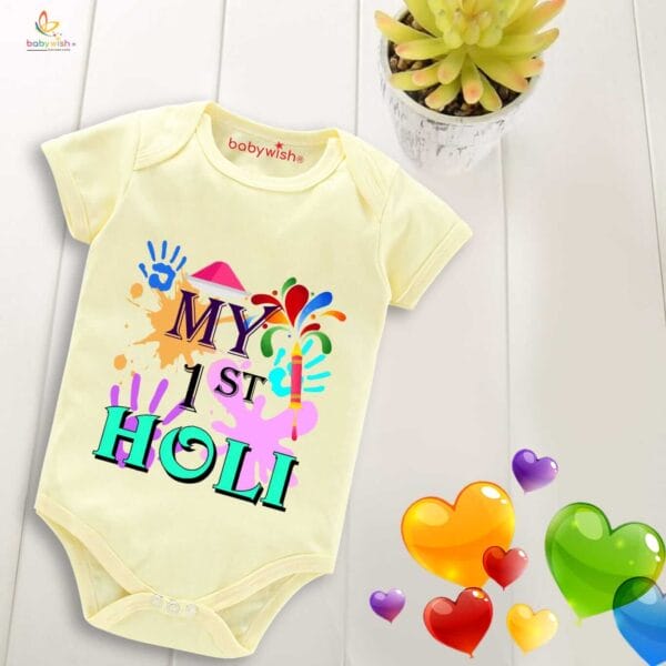 Baby First Holi Romper Clothes Baby holi festival Bodysuits Newborn Outfit Envelop Neck Half Sleeve Unisex Onesies "My 1st Holi Print Color" - Image 4