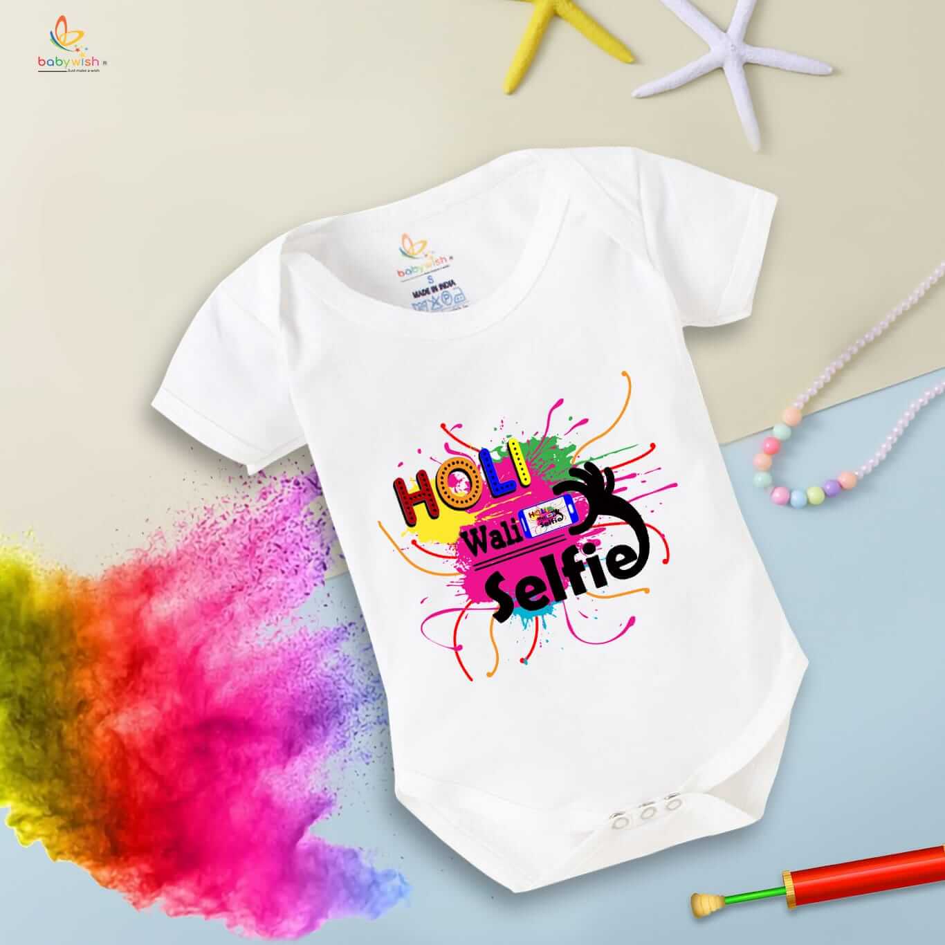 Baby First Holi Romper Clothes Baby holi festival Bodysuits Newborn Outfit Envelop Neck Half Sleeve Unisex Onesies "Holi Wali Selfie"