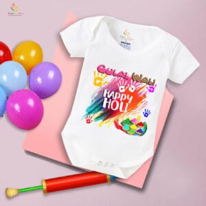 Baby First Holi Romper Clothes Baby holi festival Bodysuits Newborn Outfit Envelop Neck Half Sleeve Unisex Onesies "Gulal Wali Happy Holi"