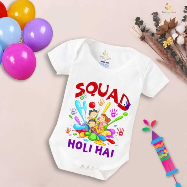 Baby First Holi Romper Clothes Baby holi festival Bodysuits Newborn Outfit Envelop Neck Half Sleeve Unisex Onesies "Squad me Holi"