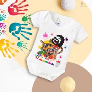 Baby First Holi Romper Clothes Baby holi festival Bodysuits Newborn Outfit Envelop Neck Half Sleeve Unisex Onesies "Holi Kab Hai"