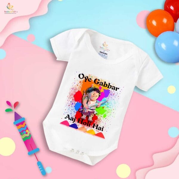 Baby First Holi Romper Clothes Baby holi festival Bodysuits Newborn Outfit Envelop Neck Half Sleeve Unisex Onesies "Oye Gabbar Aaj Holi Hai"