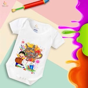 Baby First Holi Romper Clothes Baby holi festival Bodysuits Newborn Outfit Envelop Neck Half Sleeve Unisex Onesies "Holi Kab Hai Batao"