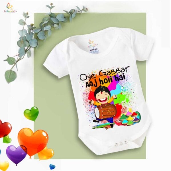 Baby First Holi Romper Clothes Baby holi festival Bodysuits Newborn Outfit Envelop Neck Half Sleeve Unisex Onesies "Oye Gabbar Aaj Colorful Holi Hai" - Image 5