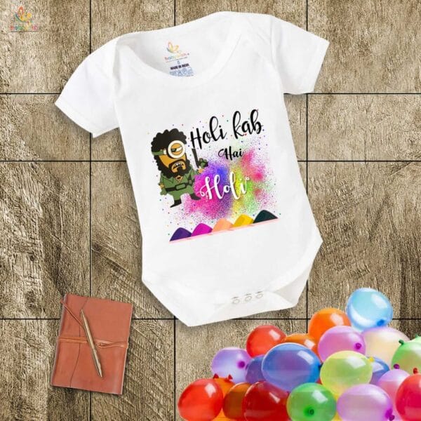 Baby First Holi Romper Clothes Baby holi festival Bodysuits Newborn Outfit Envelop Neck Half Sleeve Unisex Onesies "Gabbar printed on Holi" - Image 5