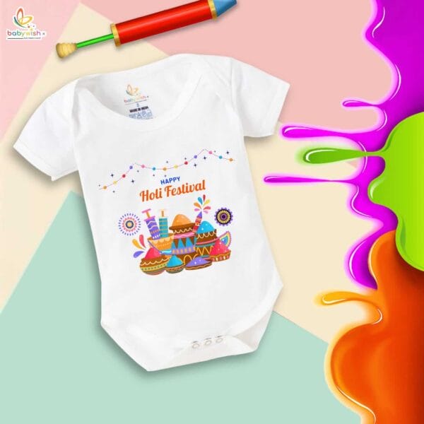Baby First Holi Romper Clothes Baby holi festival Bodysuits Newborn Outfit Envelop Neck Half Sleeve Unisex Onesies "Happy Holi Festivals Watergun" - Image 5