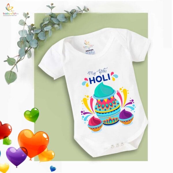 Baby First Holi Romper Clothes Baby holi festival Bodysuits Newborn Outfit Envelop Neck Half Sleeve Unisex Onesies "First Colorful Holi" - Image 5