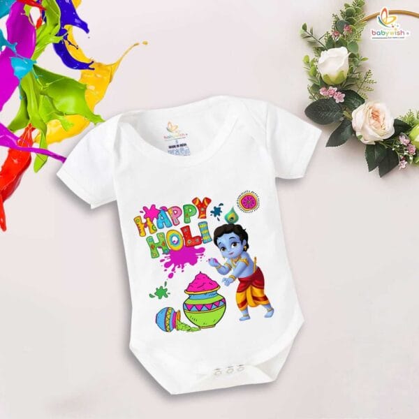 Baby First Holi Romper Clothes Baby holi festival Bodysuits Newborn Outfit Envelop Neck Half Sleeve Unisex Onesies "Holi Celebrations with Kanha" - Image 5