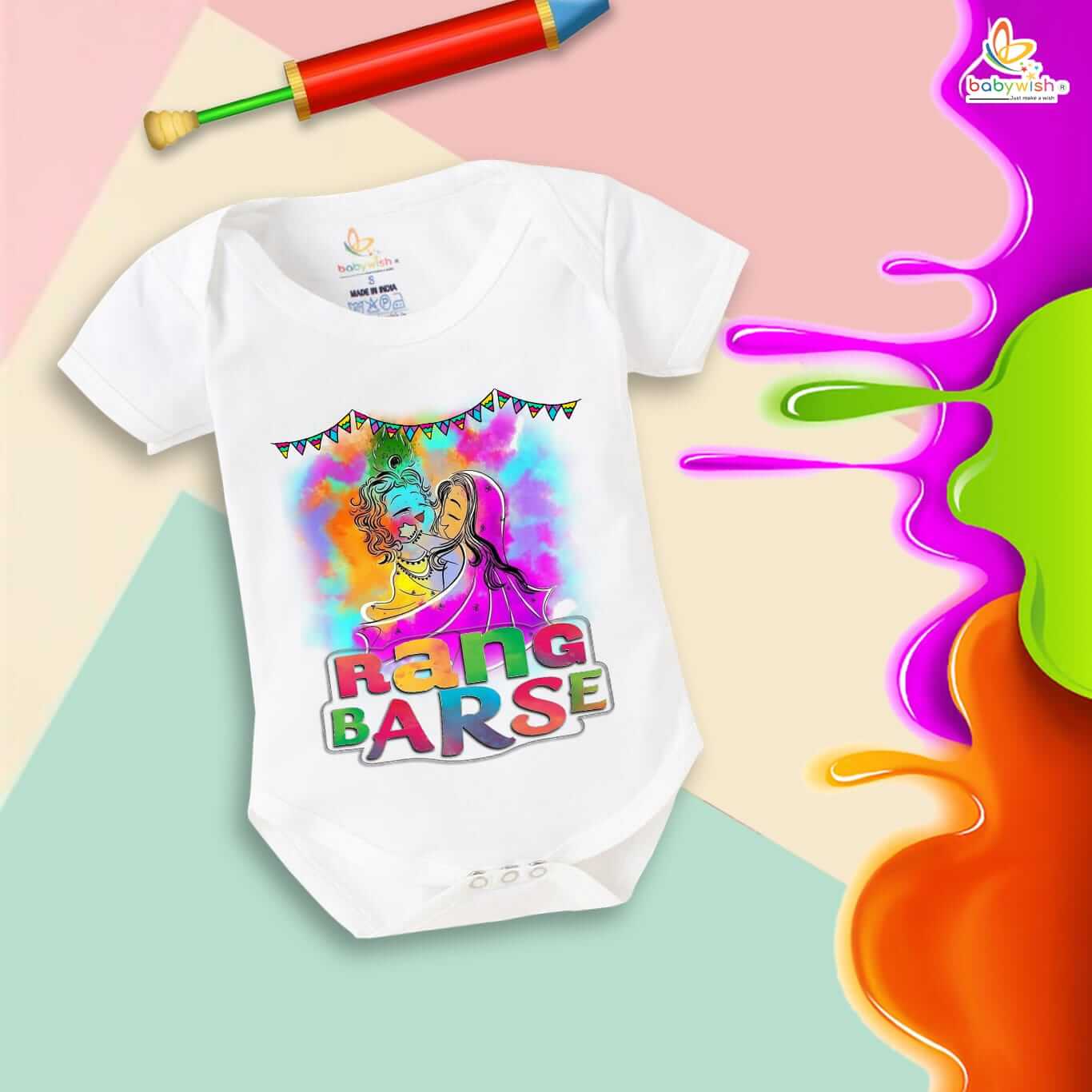 Baby First Holi Romper Clothes Baby holi festival Bodysuits Newborn Outfit Envelop Neck Half Sleeve Unisex Onesies "Rang Barse Holi Me"