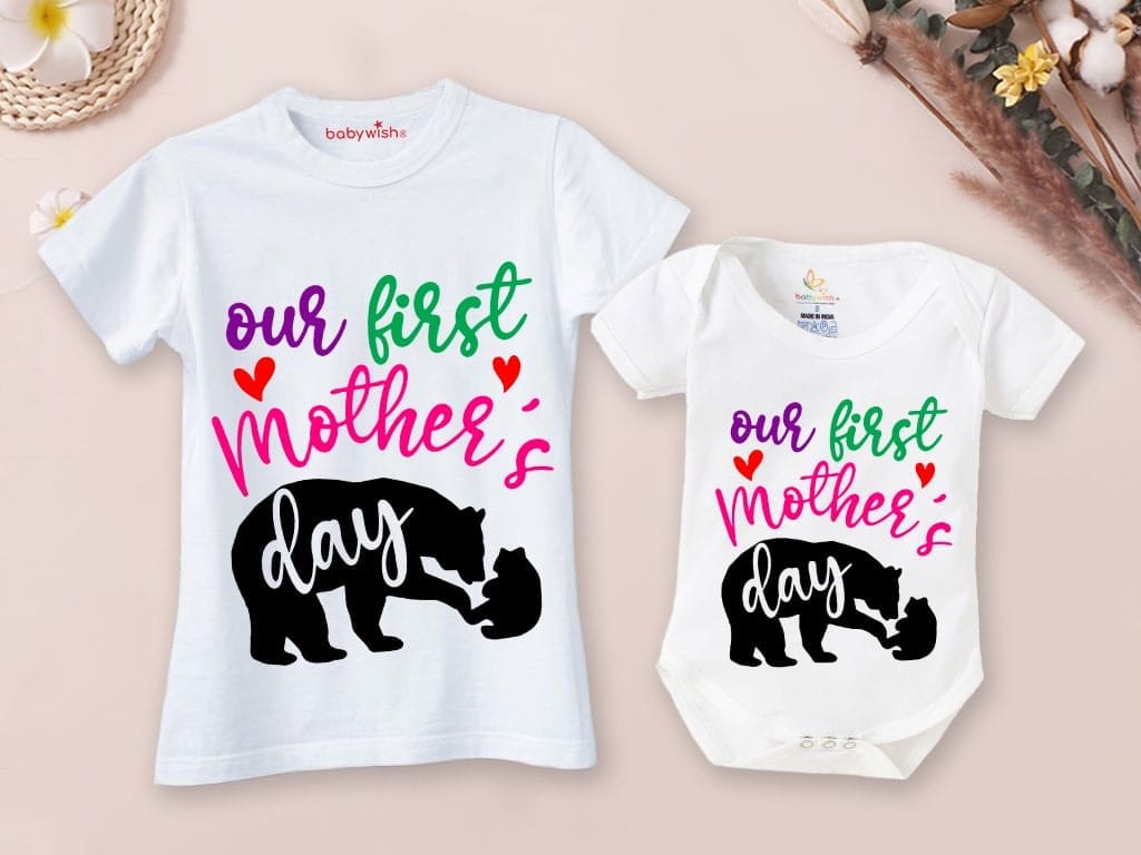 Mothers Day Special Combo White T-Shirts and Romper Sets for Mother and baby Combo Pack of 2