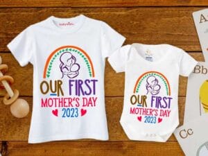 Mothers Day Special Combo White T-Shirts and Romper Sets for Mother and baby Combo Pack of 2