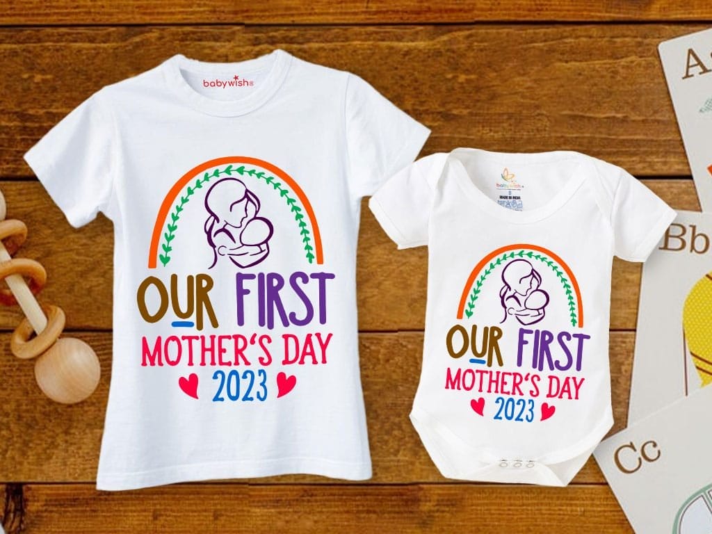Mothers Day Special Combo White T-Shirts and Romper Sets for Mother and baby Combo Pack of 2