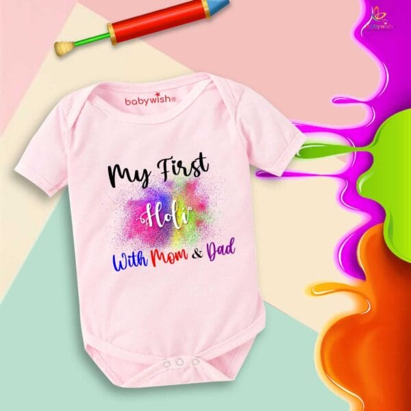 Baby First Holi Romper Clothes Baby holi festival Bodysuits Newborn Outfit Envelop Neck Half Sleeve Unisex Onesies "My First Holi With Mom & Dad" - Image 3