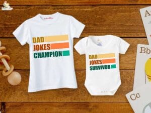 Fathers Day Special Combo White T-Shirts and Romper Sets for Father and baby Combo Pack of 2 | DAD JOKES CHAMPION & SURVIVOR|