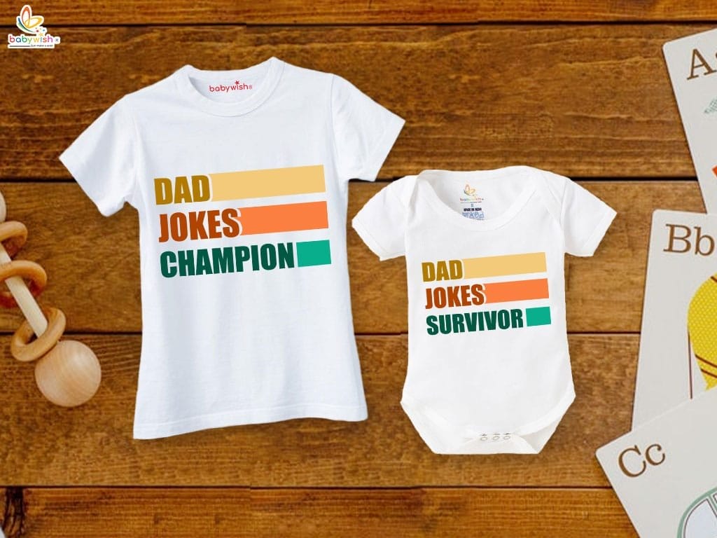 Fathers Day Special Combo White T-Shirts and Romper Sets for Father and baby Combo Pack of 2 | DAD JOKES CHAMPION & SURVIVOR|