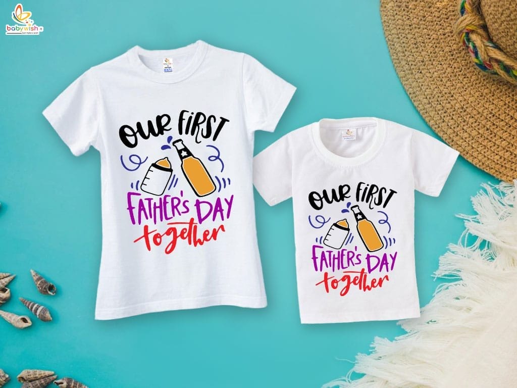 Fathers Day Special Combo White T-Shirts Sets for Father and KId Combo Pack of 2 | Our First Father's Day Together Bottles Print|