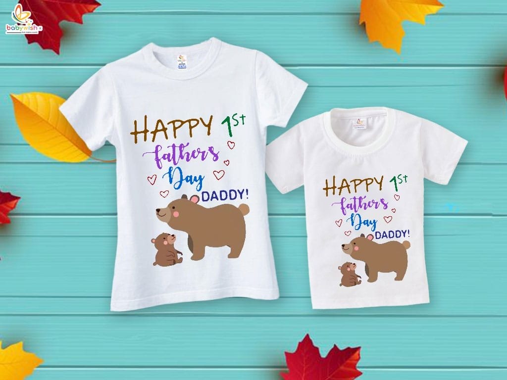 Fathers Day Special Combo White T-Shirts Sets for Father and KId Combo Pack of 2 | Happy 1st Father's Day Daddy Bear Print|