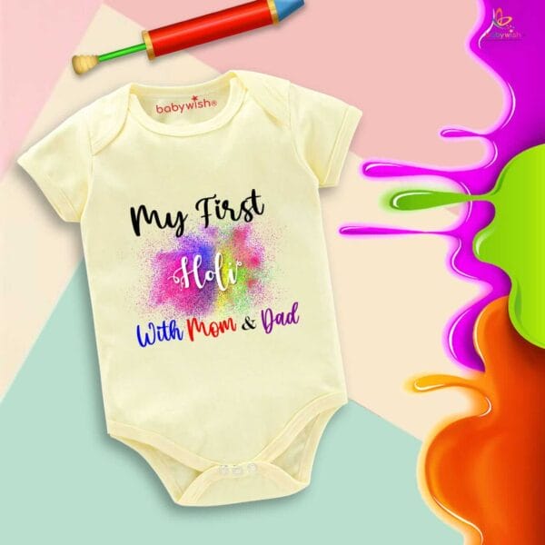 Baby First Holi Romper Clothes Baby holi festival Bodysuits Newborn Outfit Envelop Neck Half Sleeve Unisex Onesies "My First Holi With Mom & Dad" - Image 2