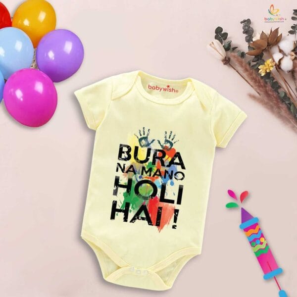 Baby First Holi Romper Clothes Baby holi festival Bodysuits Newborn Outfit Envelop Neck Half Sleeve Unisex Onesies "Bura Na Mano Holi Hai" - Image 2