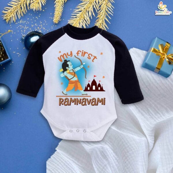 My First Ramnavmi Baby Romper – Full Sleeve Bodysuit “My First Ram Navami” – Traditional Festival Outfit for Infant Boy or Girl – Hindu Ramnavmi Celebration Dress – Babywish - Image 3