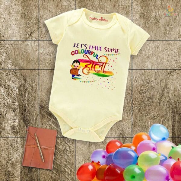 Baby First Holi Romper Clothes Baby holi festival Bodysuits Newborn Outfit Envelop Neck Half Sleeve Unisex Onesies "Let's Have Some Colorful Festival" - Image 2