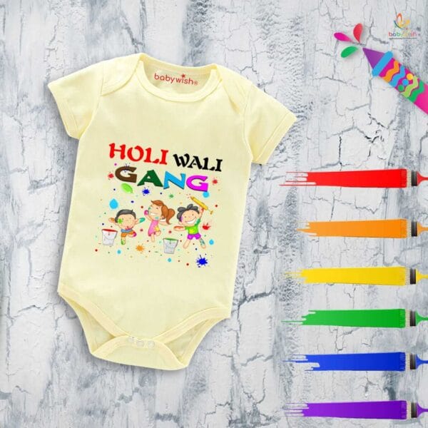 Baby First Holi Romper Clothes Baby holi festival Bodysuits Newborn Outfit Envelop Neck Half Sleeve Unisex Onesies "Holi Wali Gang" - Image 2