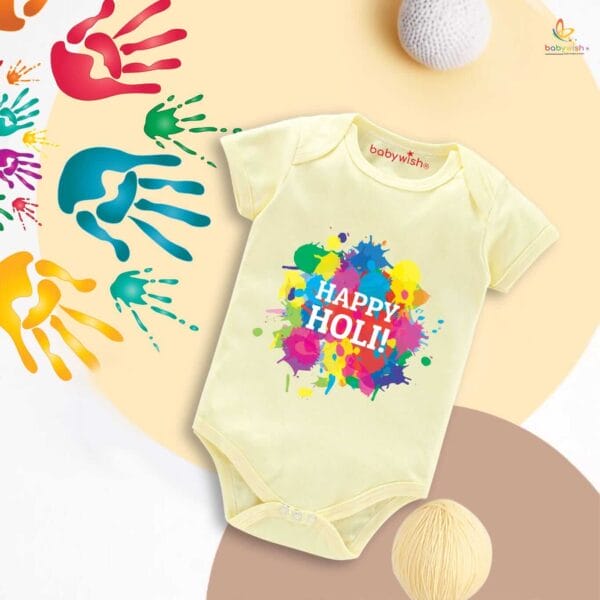 Baby First Holi Romper Clothes Baby holi festival Bodysuits Newborn Outfit Envelop Neck Half Sleeve Unisex Onesies "Multicolor Holi Print Celebration" - Image 2