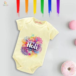 Baby First Holi Romper Clothes Baby holi festival Bodysuits Newborn Outfit Envelop Neck Half Sleeve Unisex Onesies "Festival Of Color"