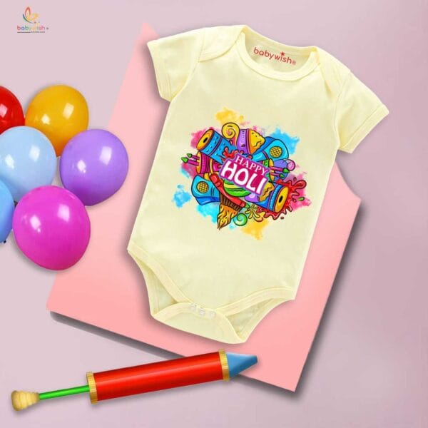 Baby First Holi Romper Clothes Baby holi festival Bodysuits Newborn Outfit Envelop Neck Half Sleeve Unisex Onesies "Music in Holi"