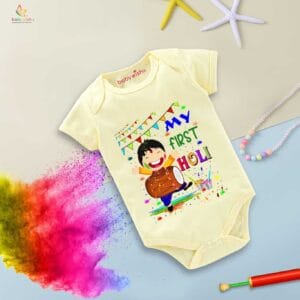 Baby First Holi Romper Clothes Baby holi festival Bodysuits Newborn Outfit Envelop Neck Half Sleeve Unisex Onesies "My First Holi with Music"
