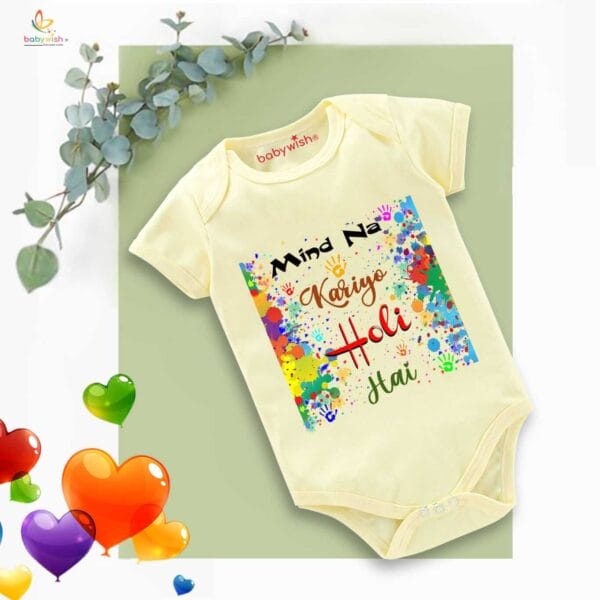 Baby First Holi Romper Clothes Baby holi festival Bodysuits Newborn Outfit Envelop Neck Half Sleeve Unisex Onesies "Mind Na Kariyo Holi Hai"