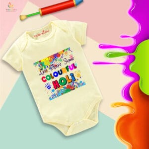 Baby First Holi Romper Clothes Baby holi festival Bodysuits Newborn Outfit Envelop Neck Half Sleeve Unisex Onesies "Colorful Holi Enjoy"