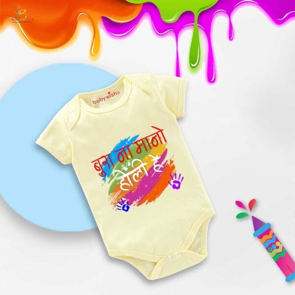 Baby First Holi Romper Clothes Baby holi festival Bodysuits Newborn Outfit Envelop Neck Half Sleeve Unisex Onesies "Bura Na Mano Holi me" - Image 3
