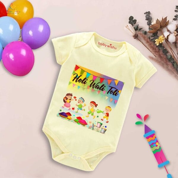 Baby First Holi Romper Clothes Baby holi festival Bodysuits Newborn Outfit Envelop Neck Half Sleeve Unisex Onesies "Holi wali toli" - Image 3