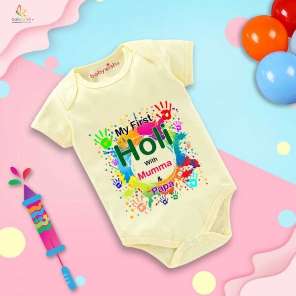 Baby First Holi Romper Clothes Baby holi festival Bodysuits Newborn Outfit Envelop Neck Half Sleeve Unisex Onesies "Holi with mumma" - Image 3