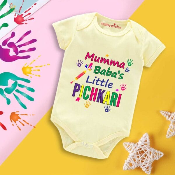 Baby First Holi Romper Clothes Baby holi festival Bodysuits Newborn Outfit Envelop Neck Half Sleeve Unisex Onesies "Baba's Pichkari" - Image 3
