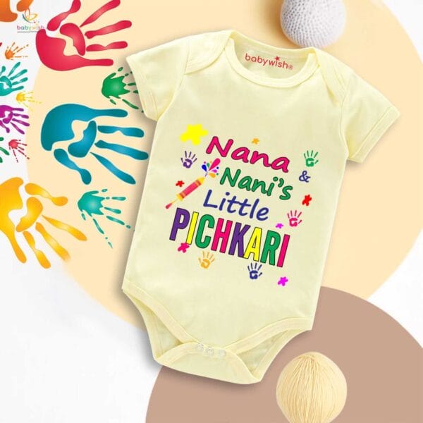 Baby First Holi Romper Clothes Baby holi festival Bodysuits Newborn Outfit Envelop Neck Half Sleeve Unisex Onesies "Nana's Nani Little Pichkari" - Image 3