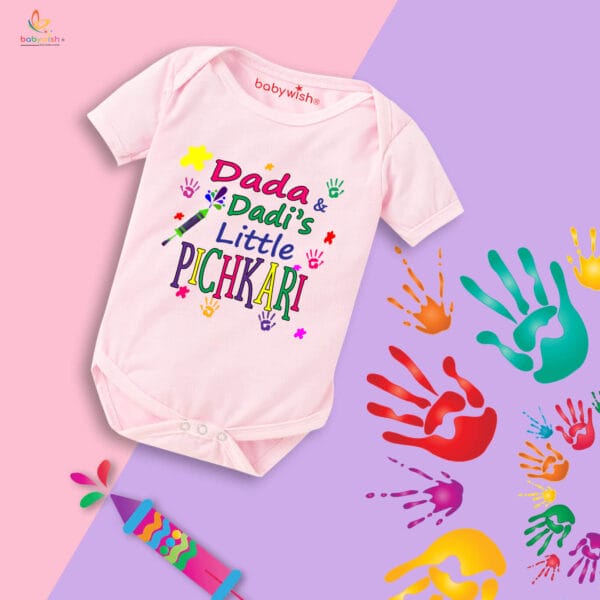 Baby First Holi Romper Clothes Baby holi festival Bodysuits Newborn Outfit Envelop Neck Half Sleeve Unisex Onesies "Grandpa's Little Pichkari"