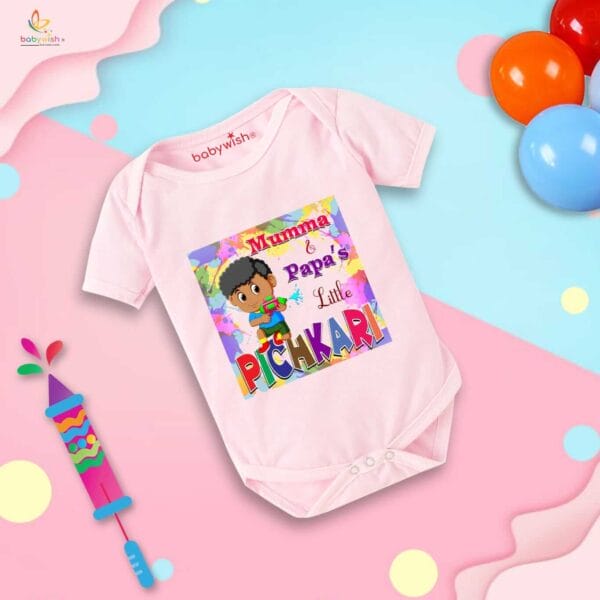 Baby First Holi Romper Clothes Baby holi festival Bodysuits Newborn Outfit Envelop Neck Half Sleeve Unisex Onesies "Boy Playing with Pichkari" - Image 3