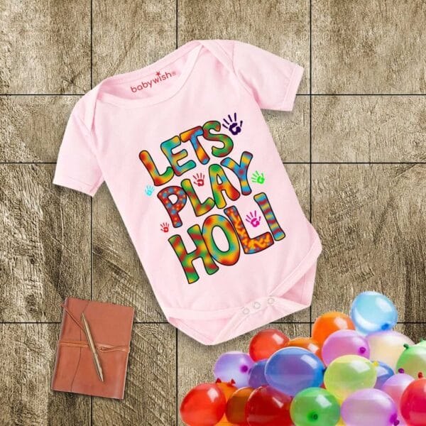 Baby First Holi Romper Clothes Baby holi festival Bodysuits Newborn Outfit Envelop Neck Half Sleeve Unisex Onesies "Lets Play Holi" - Image 3