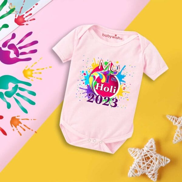 Baby First Holi Romper Clothes Baby holi festival Bodysuits Newborn Outfit Envelop Neck Half Sleeve Unisex Onesies "My First Holi in 2023" - Image 3