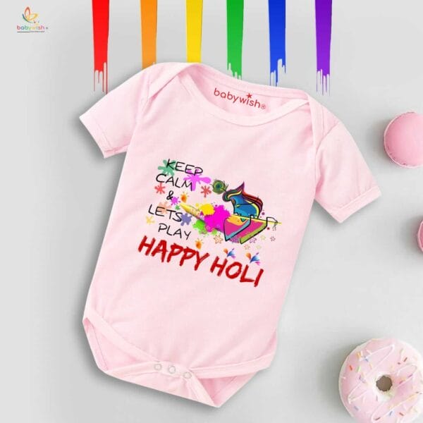 Baby First Holi Romper Clothes Baby holi festival Bodysuits Newborn Outfit Envelop Neck Half Sleeve Unisex Onesies "Keep Calm It's Holi" - Image 3