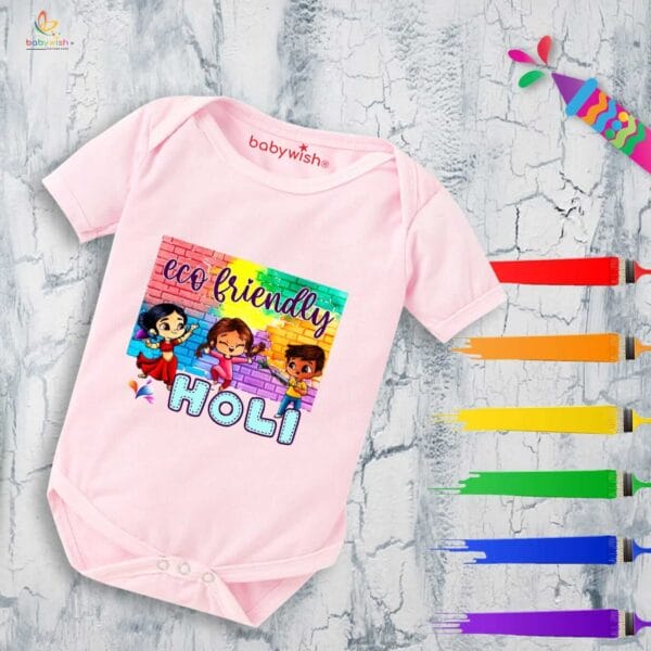 Baby First Holi Romper Clothes Baby holi festival Bodysuits Newborn Outfit Envelop Neck Half Sleeve Unisex Onesies "Play Ecofriendly Holi" - Image 3