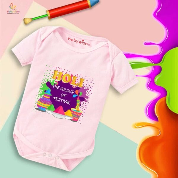 Baby First Holi Romper Clothes Baby holi festival Bodysuits Newborn Outfit Envelop Neck Half Sleeve Unisex Onesies "Holi is the Colorful Festivals" - Image 3