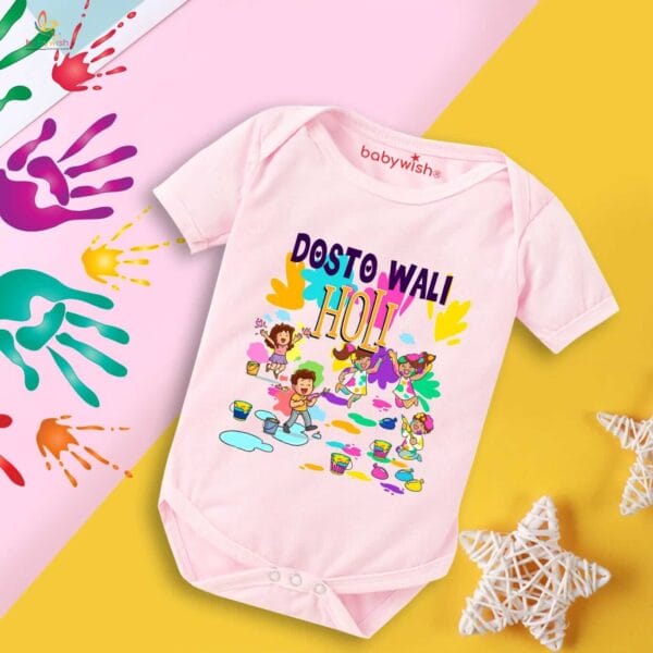 Baby First Holi Romper Clothes Baby holi festival Bodysuits Newborn Outfit Envelop Neck Half Sleeve Unisex Onesies "Dosto Wali Group Holi" - Image 3