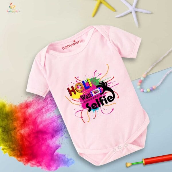 Baby First Holi Romper Clothes Baby holi festival Bodysuits Newborn Outfit Envelop Neck Half Sleeve Unisex Onesies "Holi Wali Selfie" - Image 3