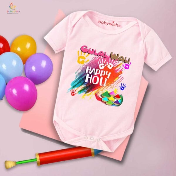 Baby First Holi Romper Clothes Baby holi festival Bodysuits Newborn Outfit Envelop Neck Half Sleeve Unisex Onesies "Gulal Wali Happy Holi" - Image 3